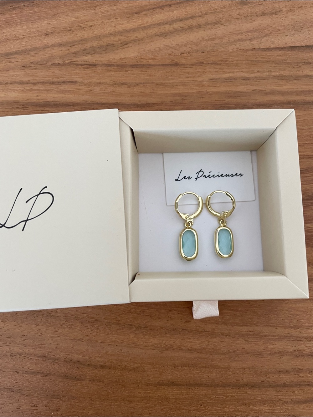 Gold Hoop Earrings with Light Aqua Blue Drops